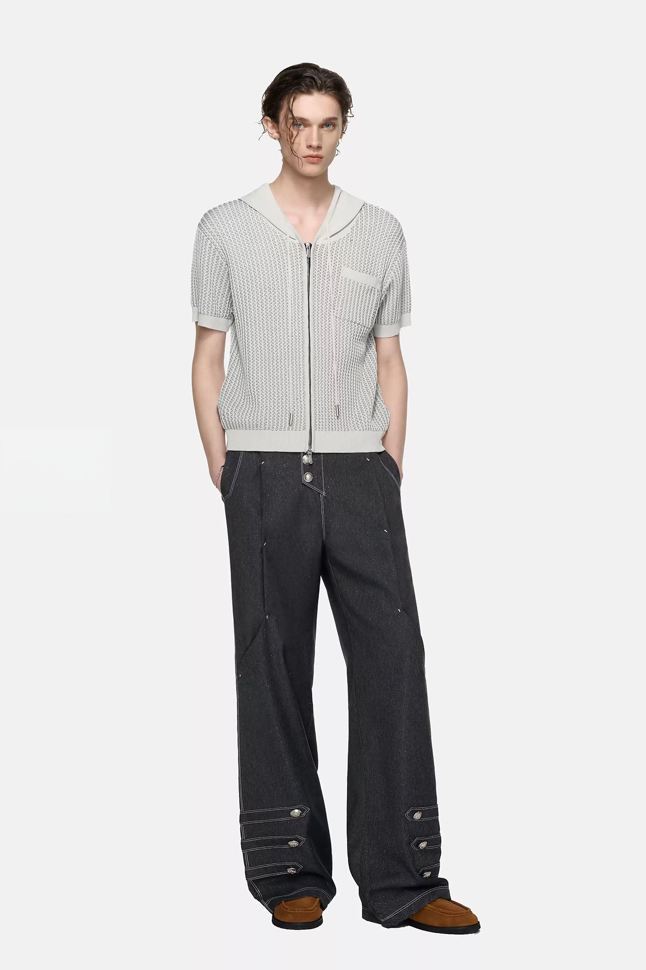 TIWILLTANG Asymmetrical Placket Stitched Wide-Leg Jeans