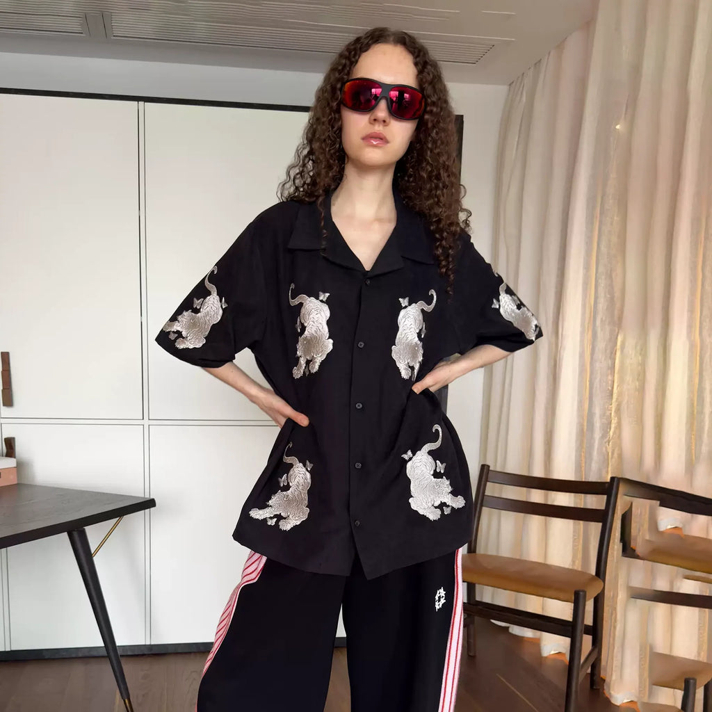 MIICHOUS Tiger Butterfly Satin Embroidered Half Shirt