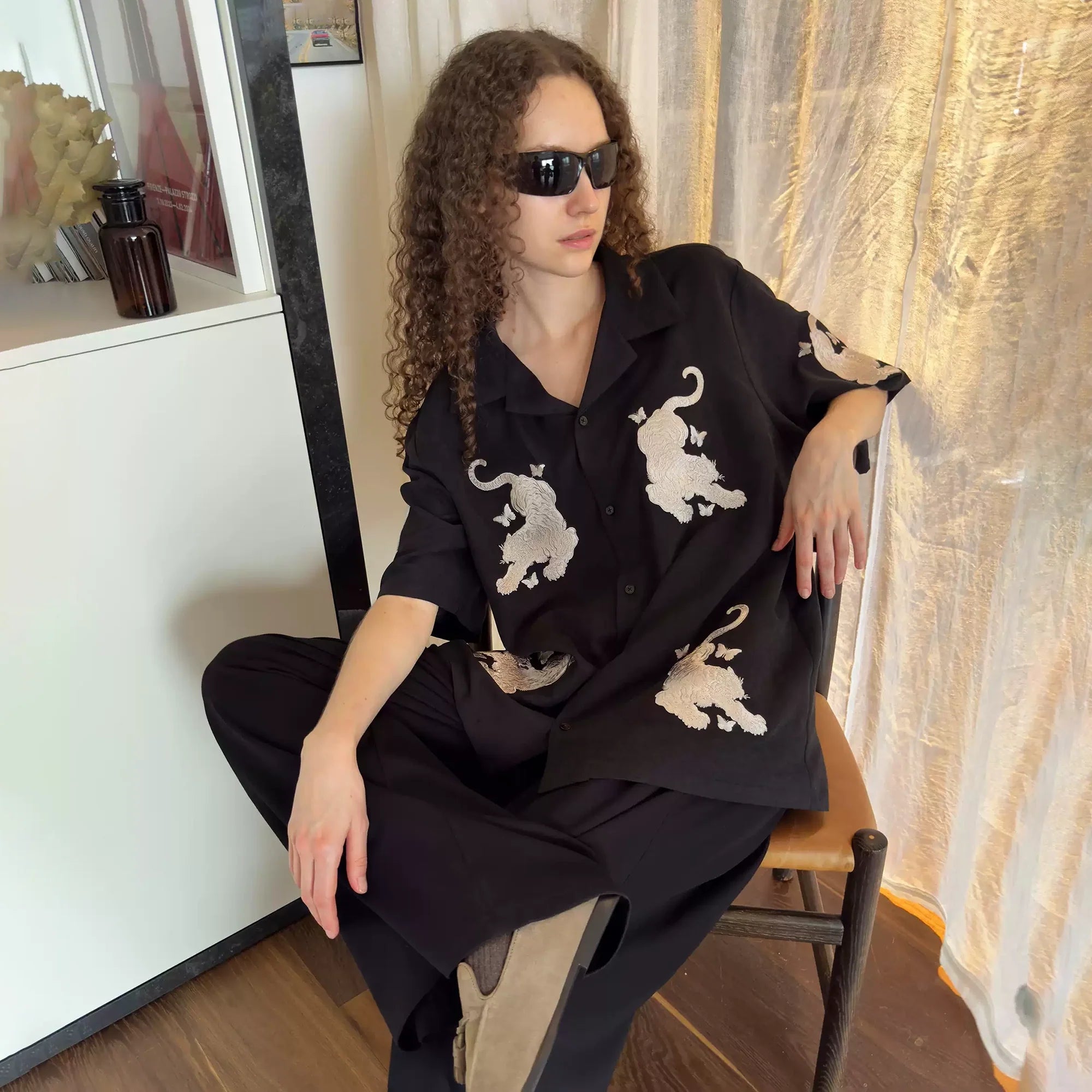 MIICHOUS Tiger Butterfly Satin Embroidered Half Shirt