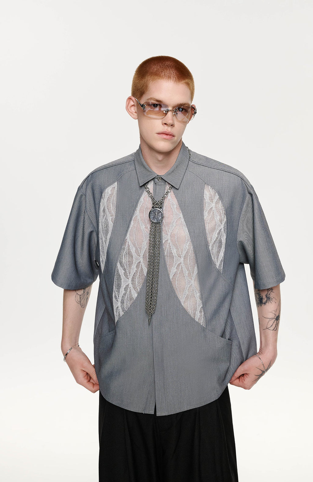 TIWILLTANG Leaf Lace Paneled Half Shirt