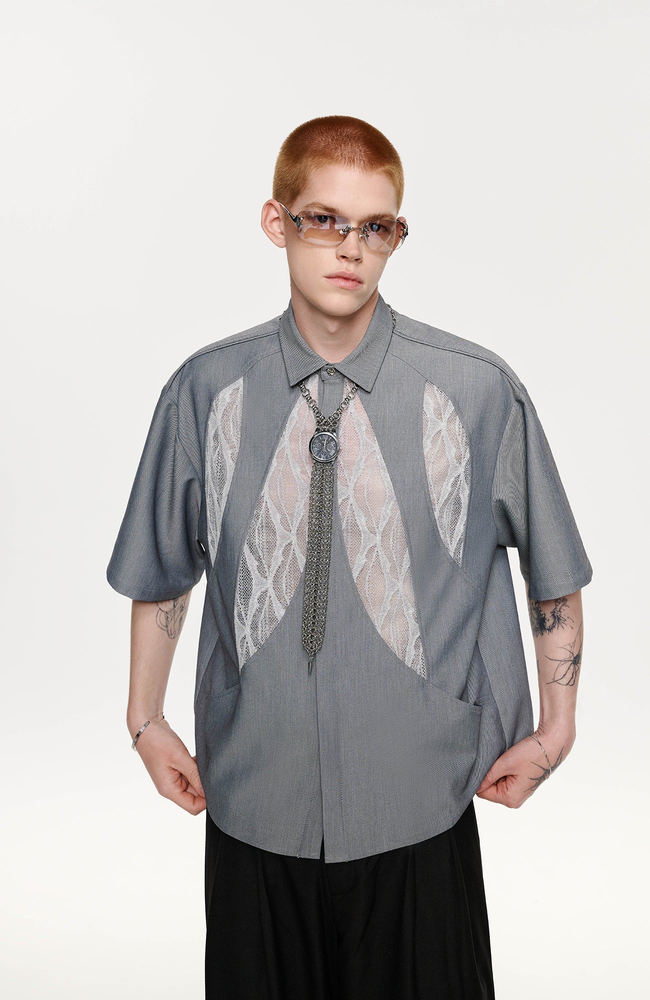 TIWILLTANG Leaf Lace Paneled Half Shirt