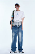 TIWILLTANG Layered Sweatband Washed Denim Pants