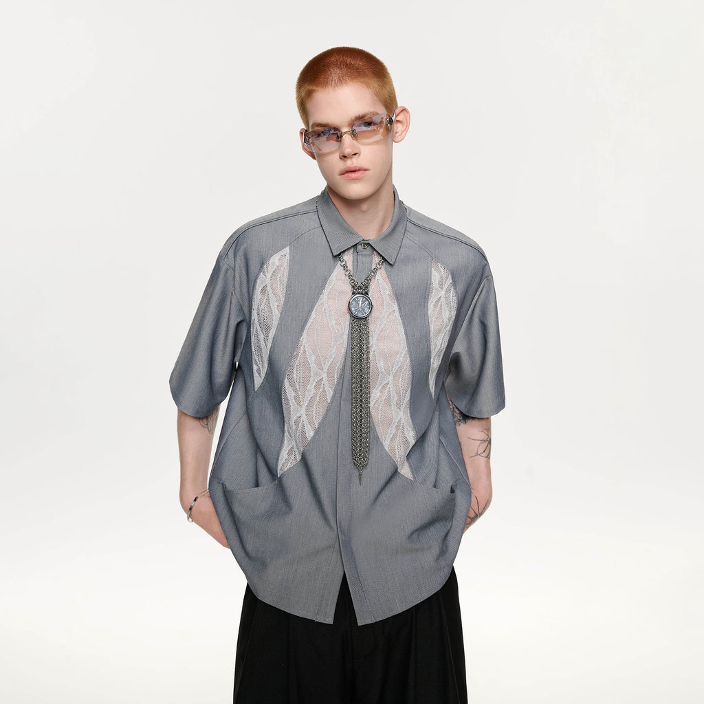 TIWILLTANG Leaf Lace Paneled Half Shirt