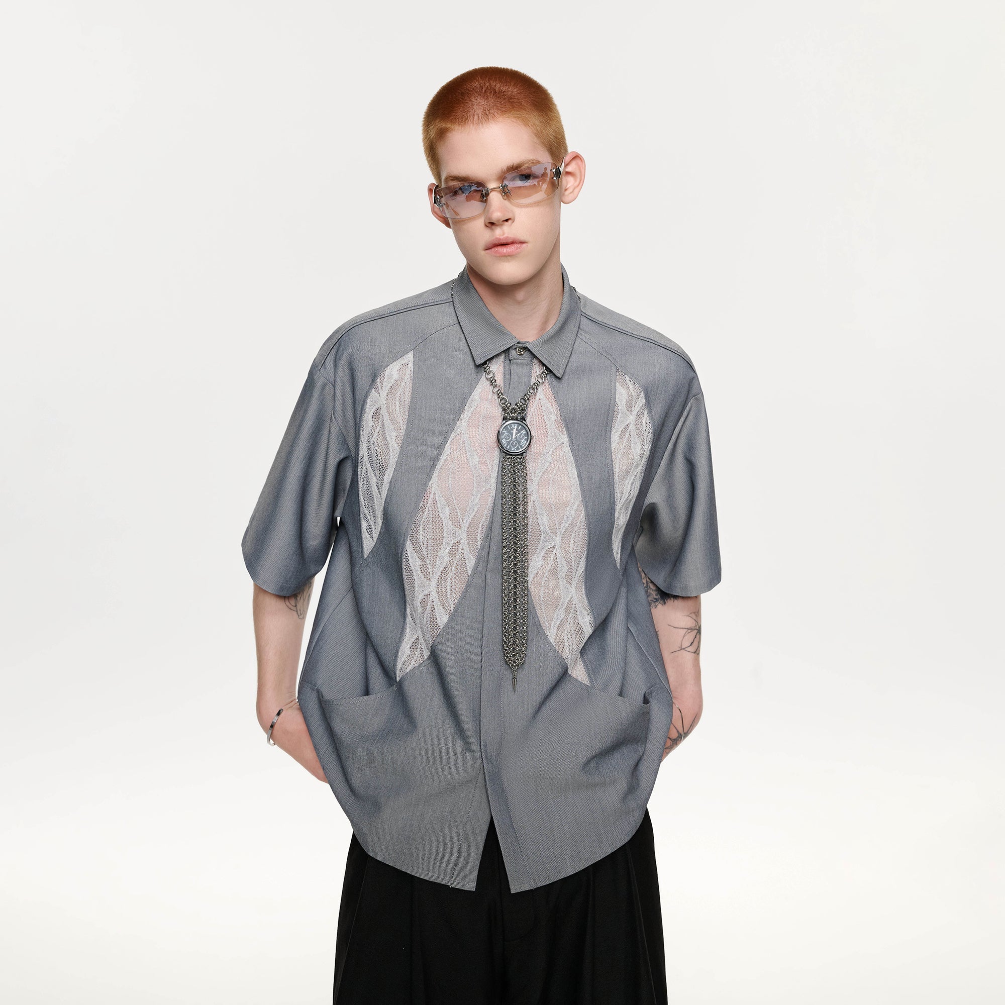 TIWILLTANG Leaf Lace Paneled Half Shirt