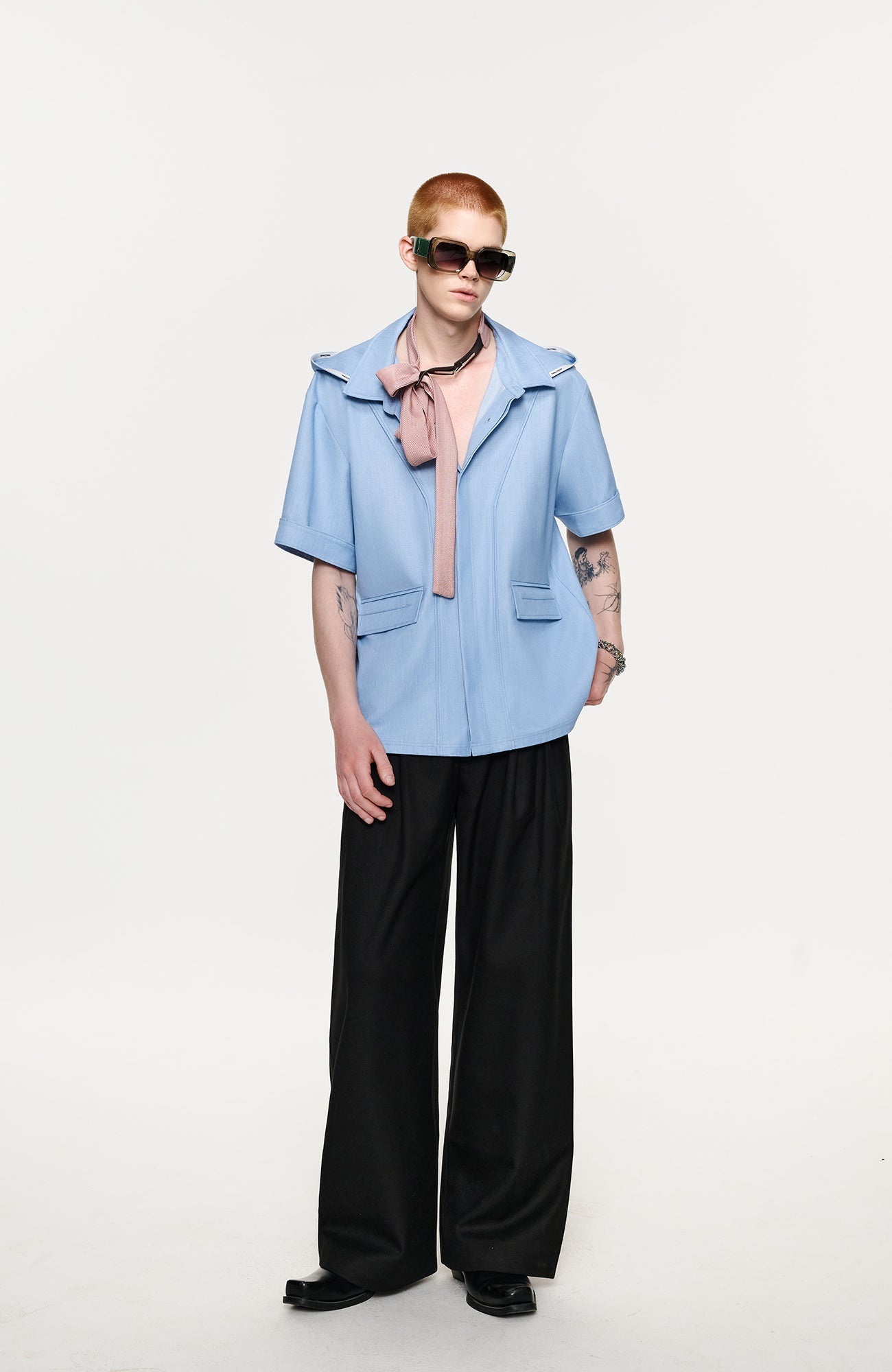 TIWILLTANG Hidden Placket Detachable Hood Half Shirt