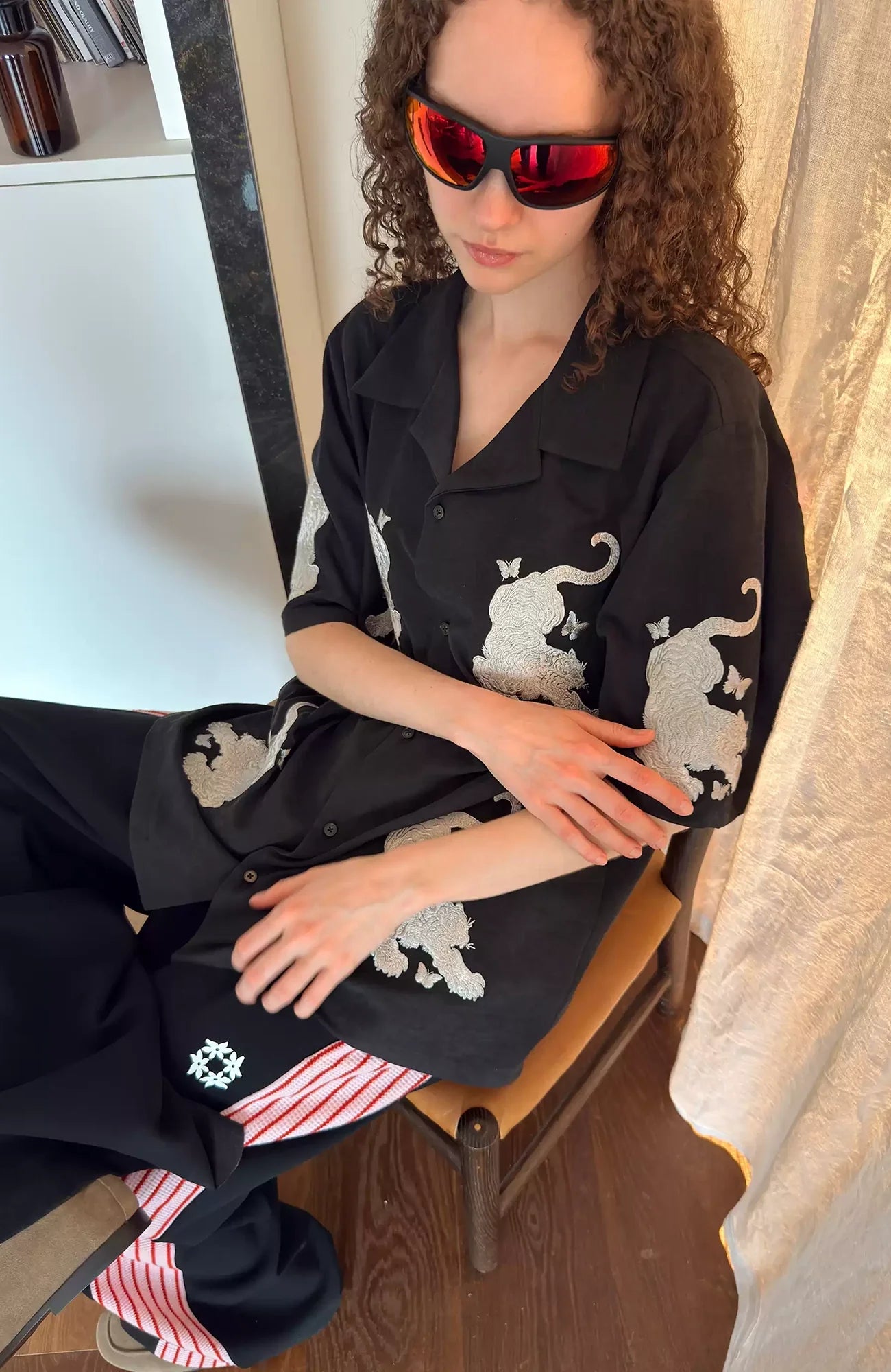 MIICHOUS Tiger Butterfly Satin Embroidered Half Shirt