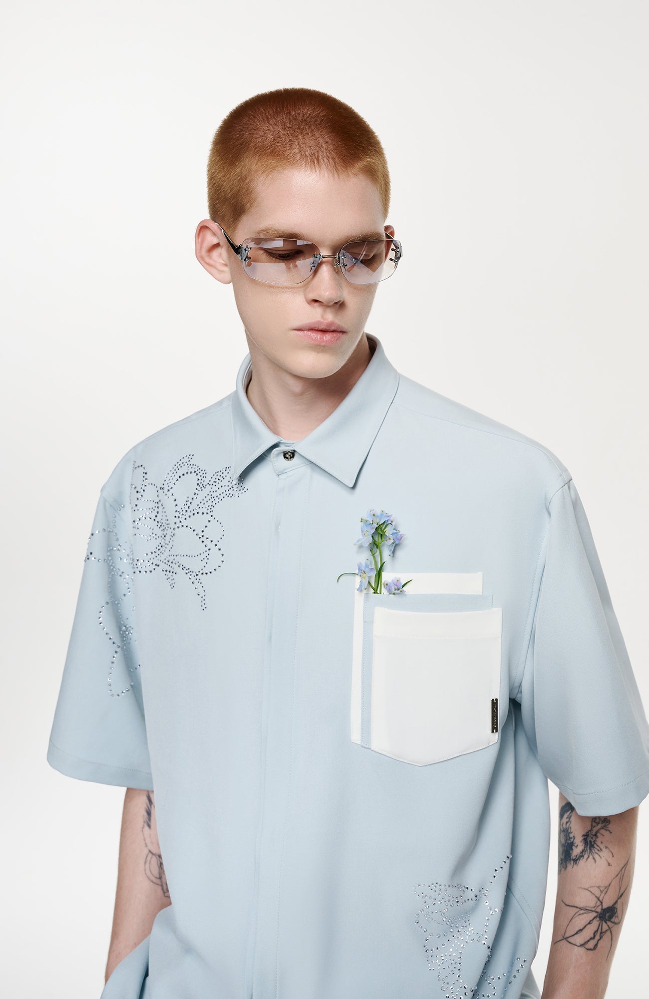 TIWILLTANG Floral Diamond Layered Pocket Half Shirt