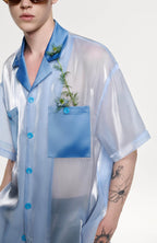 TIWILLTANG Contrast Tie-Neck Sheer Half Shirt