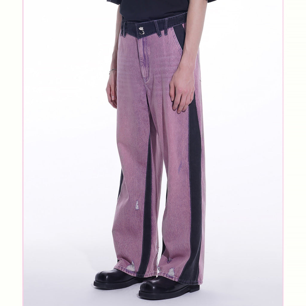 TIWILLTANG Distressed Contrast Paneled Wide-Leg Jeans