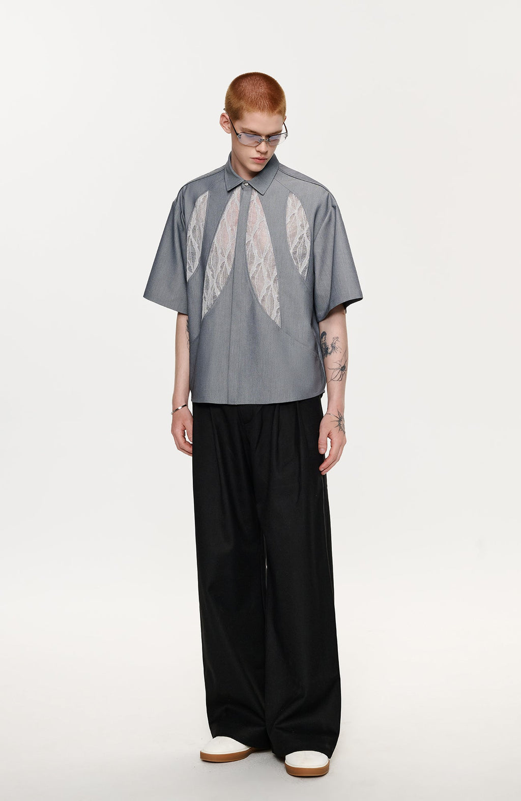 TIWILLTANG Leaf Lace Paneled Half Shirt