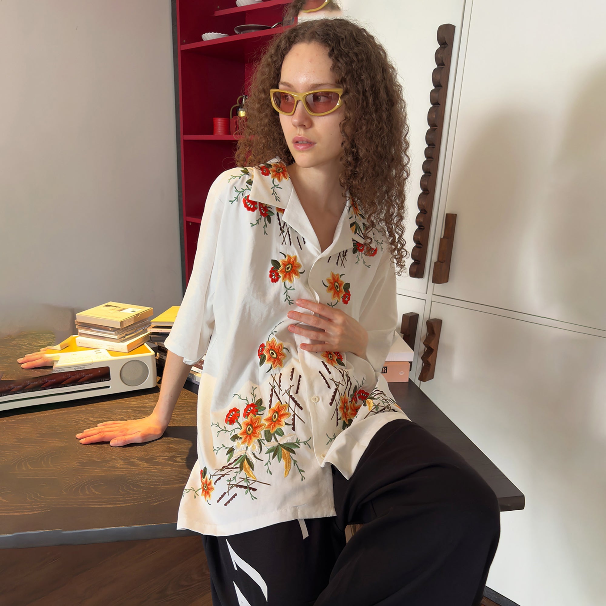 MIICHOUS Botanical Embroidered Half Shirt