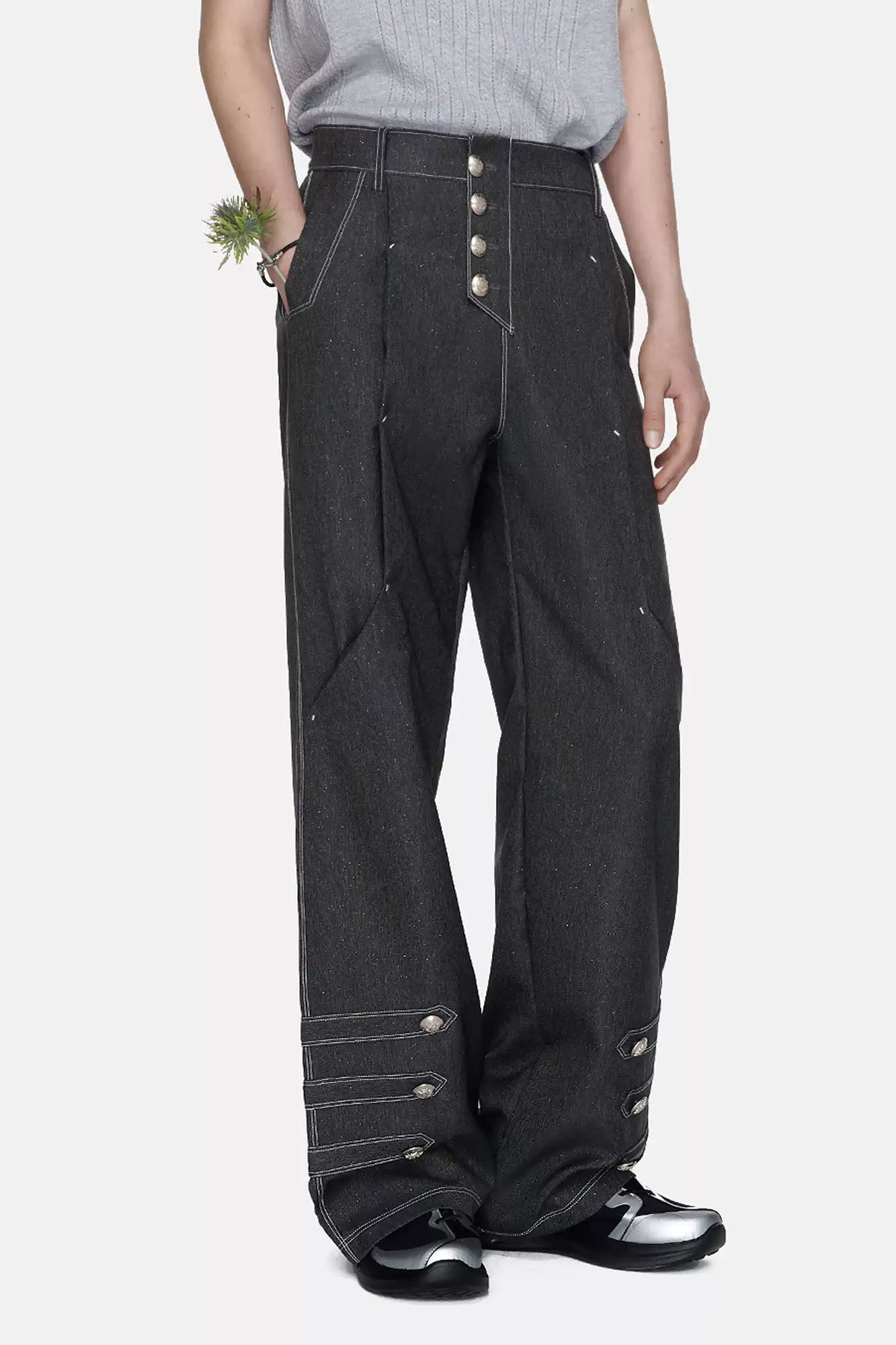 TIWILLTANG Asymmetrical Placket Stitched Wide-Leg Jeans