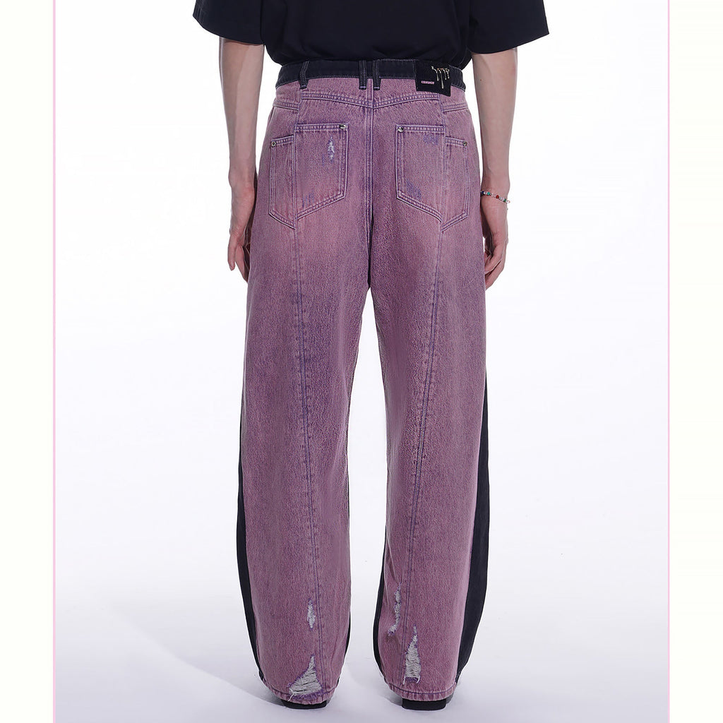 TIWILLTANG Distressed Contrast Paneled Wide-Leg Jeans