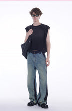 TIWILLTANG Distressed Contrast Paneled Wide-Leg Jeans