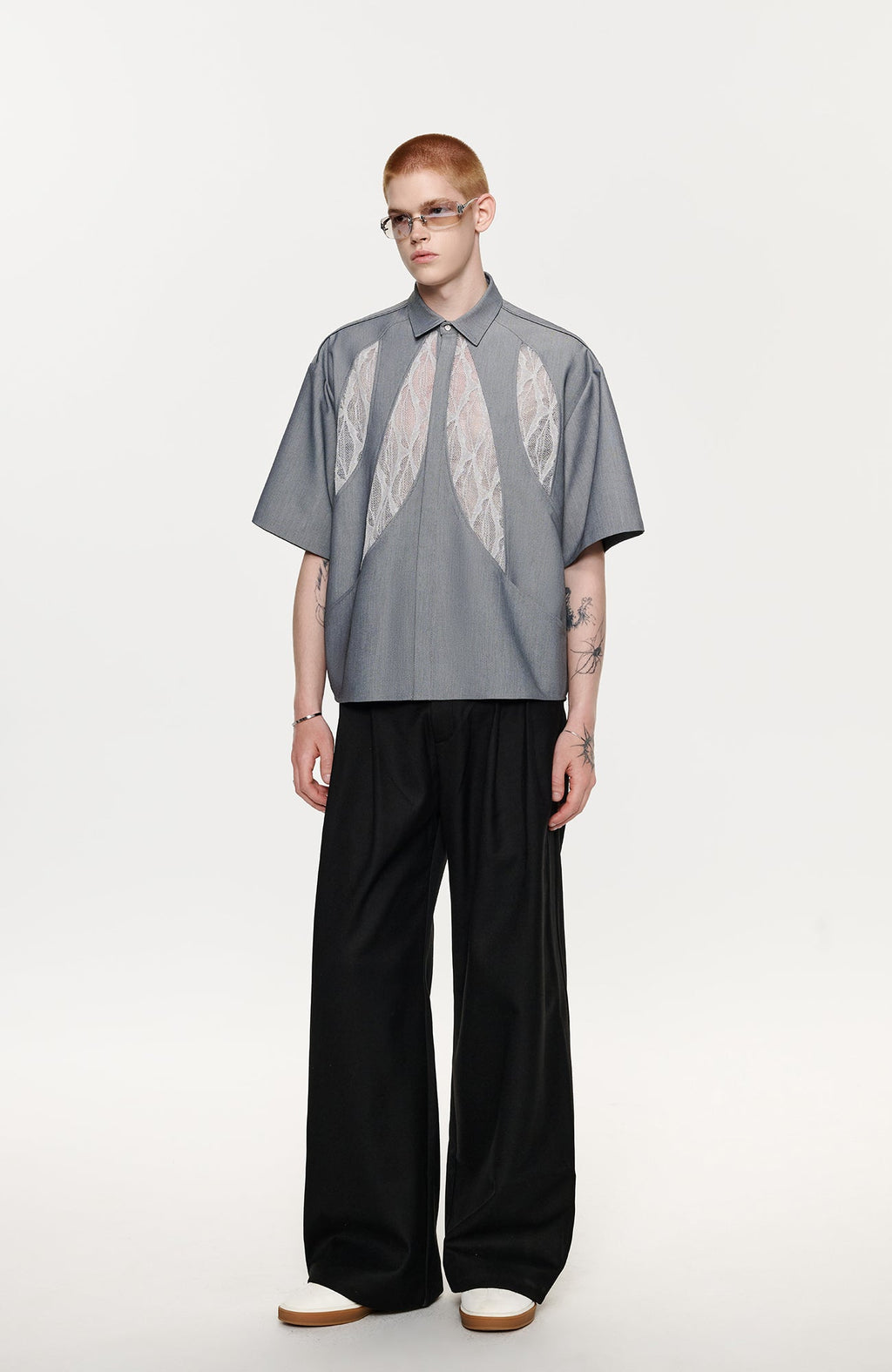 TIWILLTANG Leaf Lace Paneled Half Shirt