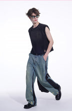 TIWILLTANG Distressed Contrast Paneled Wide-Leg Jeans