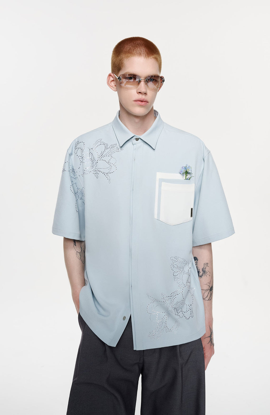 TIWILLTANG Floral Diamond Layered Pocket Half Shirt