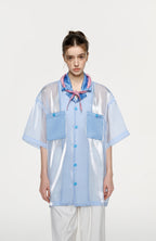 TIWILLTANG Contrast Tie-Neck Sheer Half Shirt