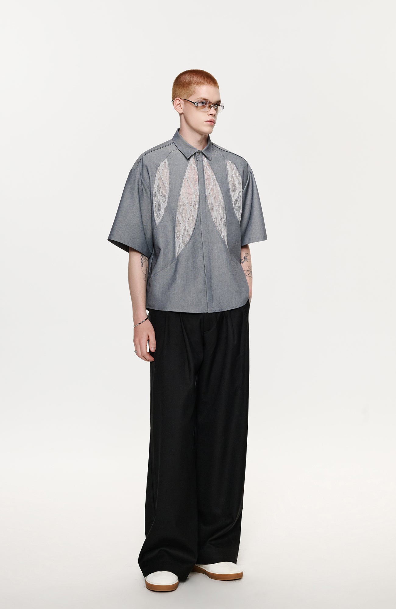 TIWILLTANG Leaf Lace Paneled Half Shirt