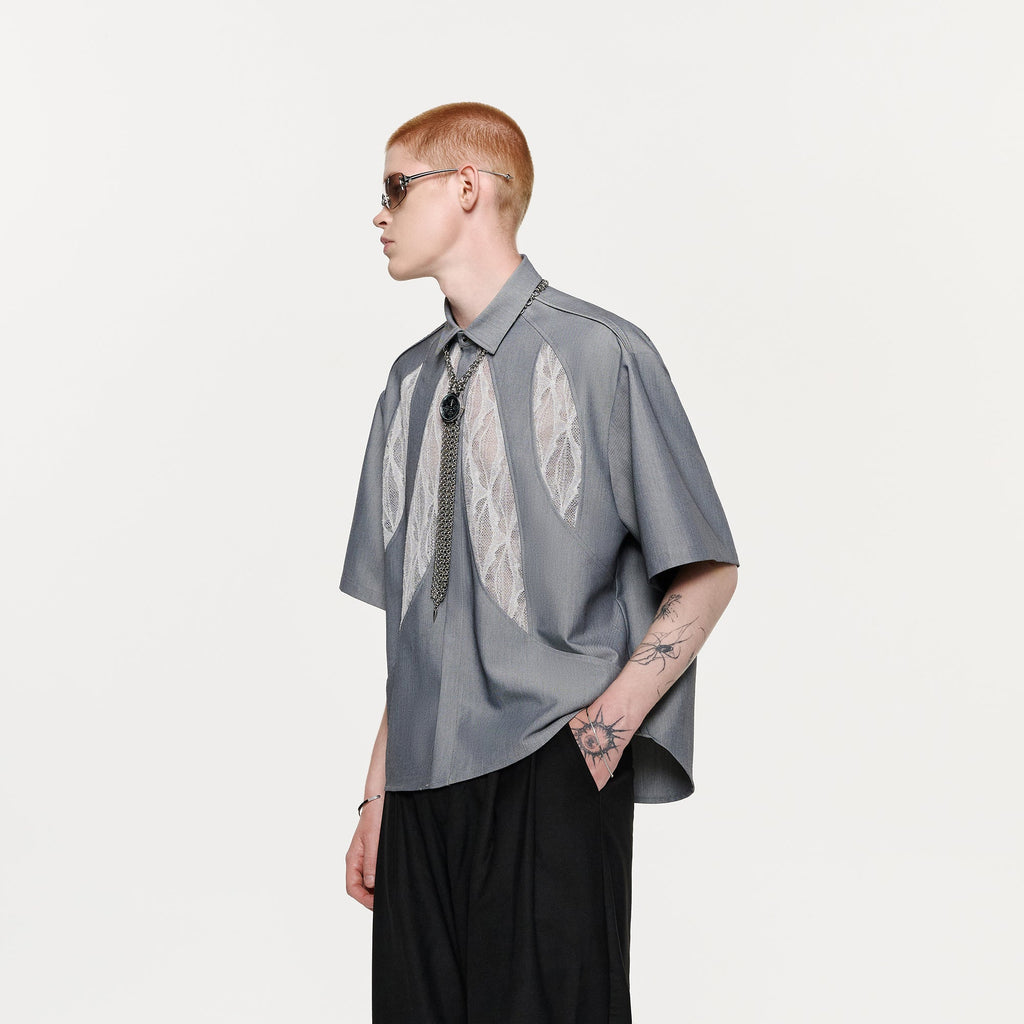 TIWILLTANG Leaf Lace Paneled Half Shirt