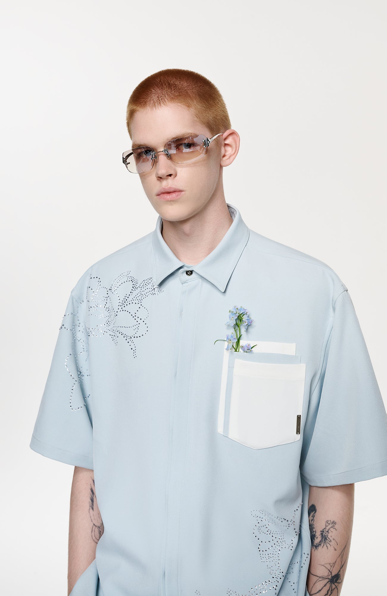 TIWILLTANG Floral Diamond Layered Pocket Half Shirt