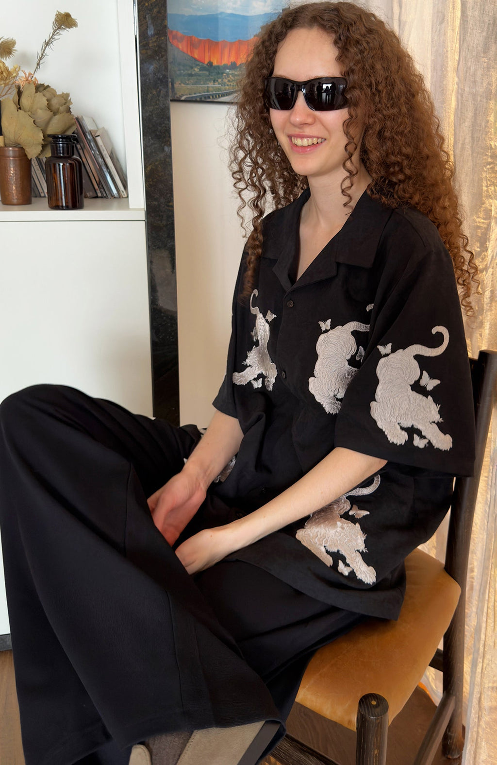 MIICHOUS Tiger Butterfly Satin Embroidered Half Shirt
