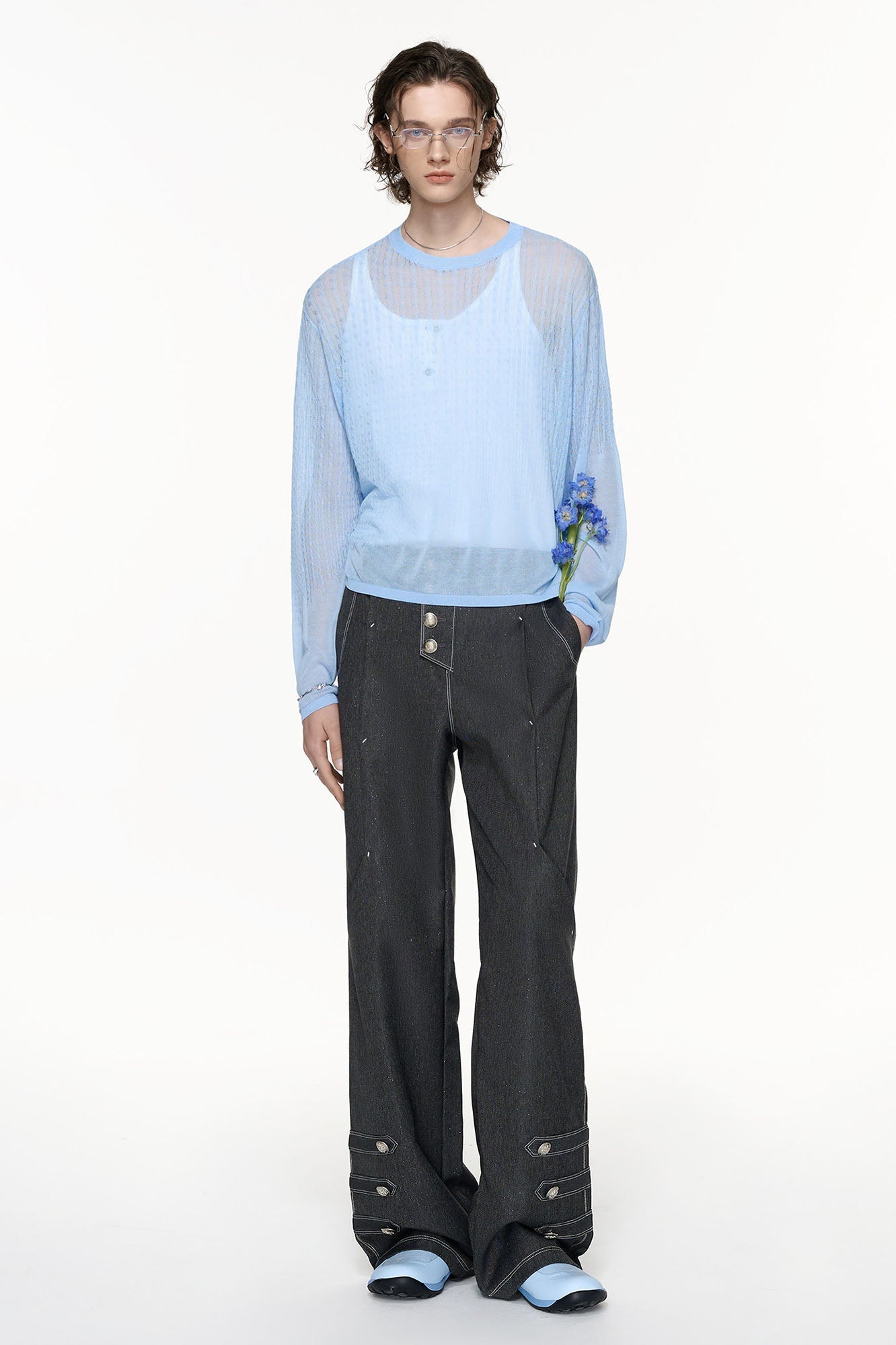 TIWILLTANG Asymmetrical Placket Stitched Wide-Leg Jeans