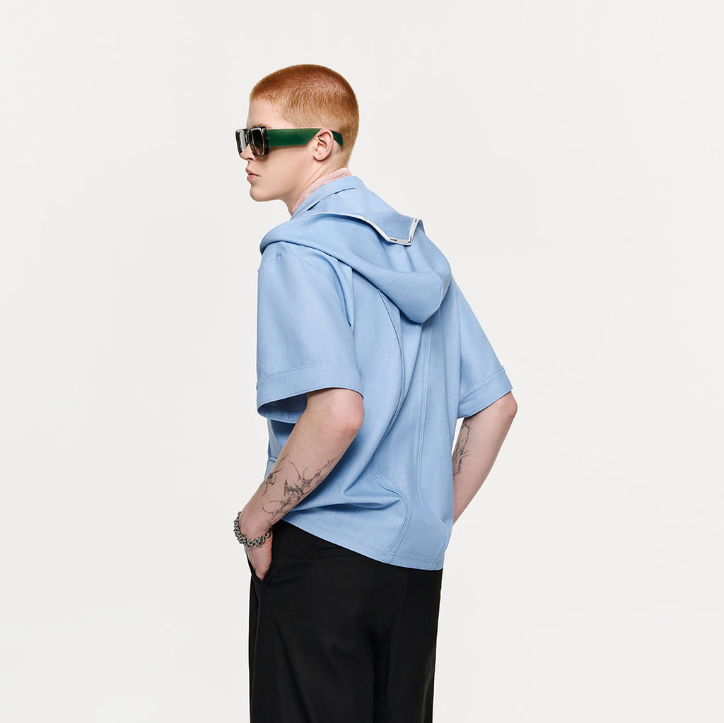 TIWILLTANG Hidden Placket Detachable Hood Half Shirt