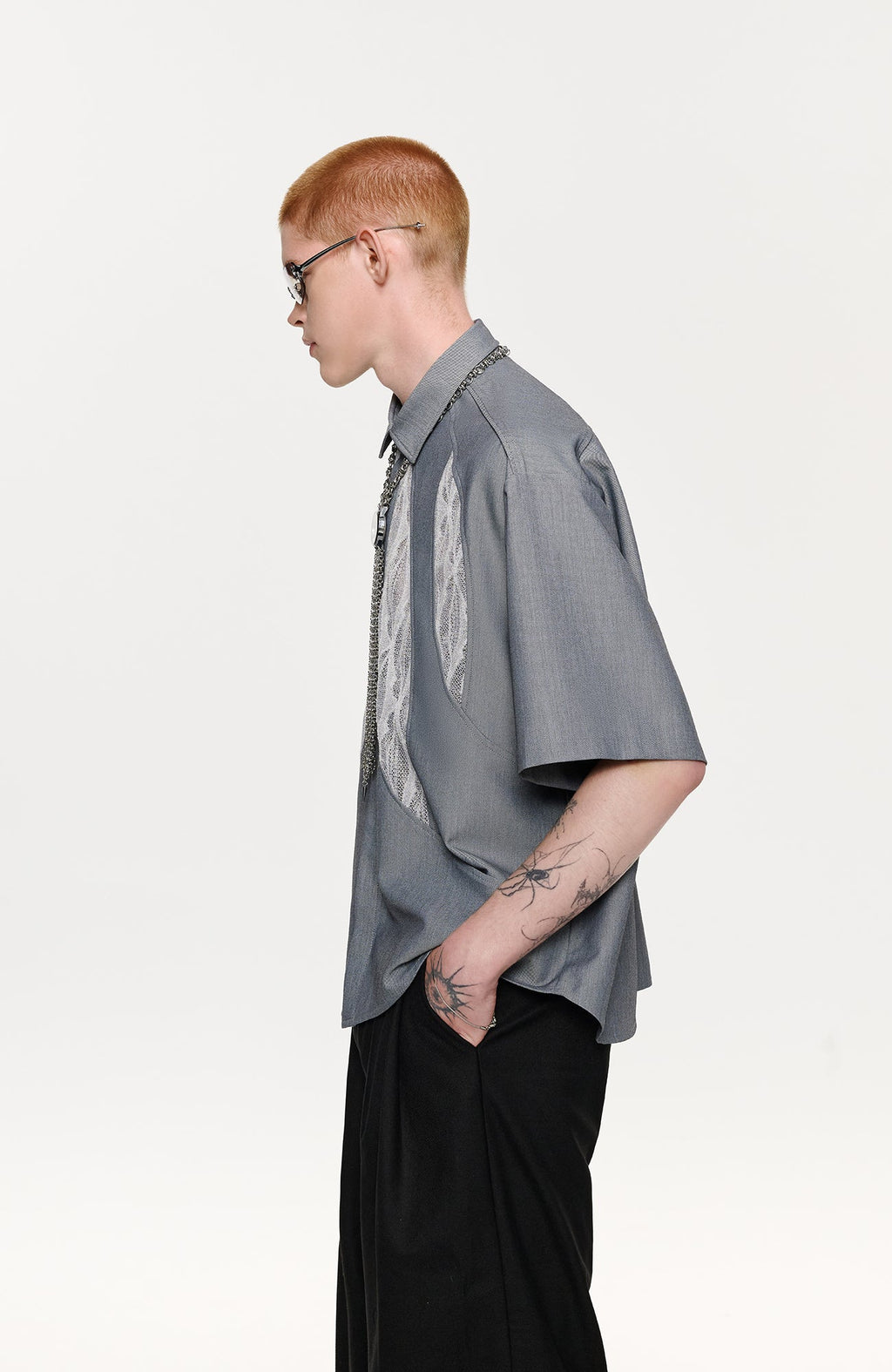 TIWILLTANG Leaf Lace Paneled Half Shirt