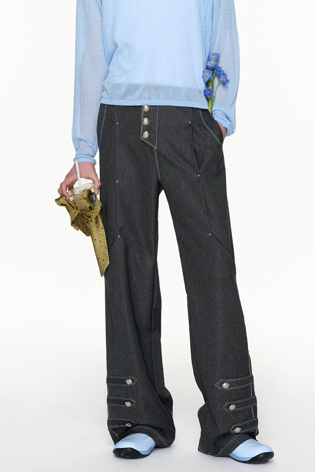 TIWILLTANG Asymmetrical Placket Stitched Wide-Leg Jeans