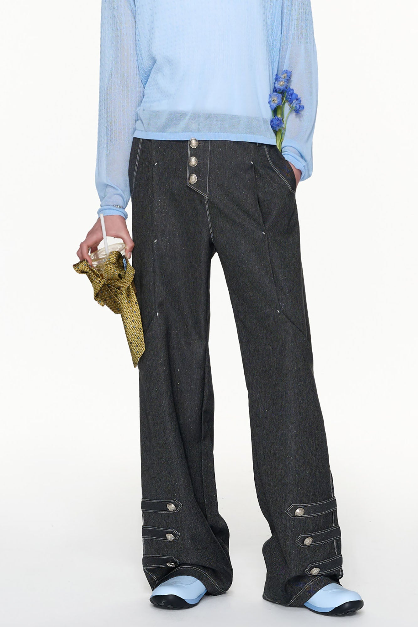 TIWILLTANG Asymmetrical Placket Stitched Wide-Leg Jeans
