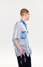 TIWILLTANG Contrast Tie-Neck Sheer Half Shirt