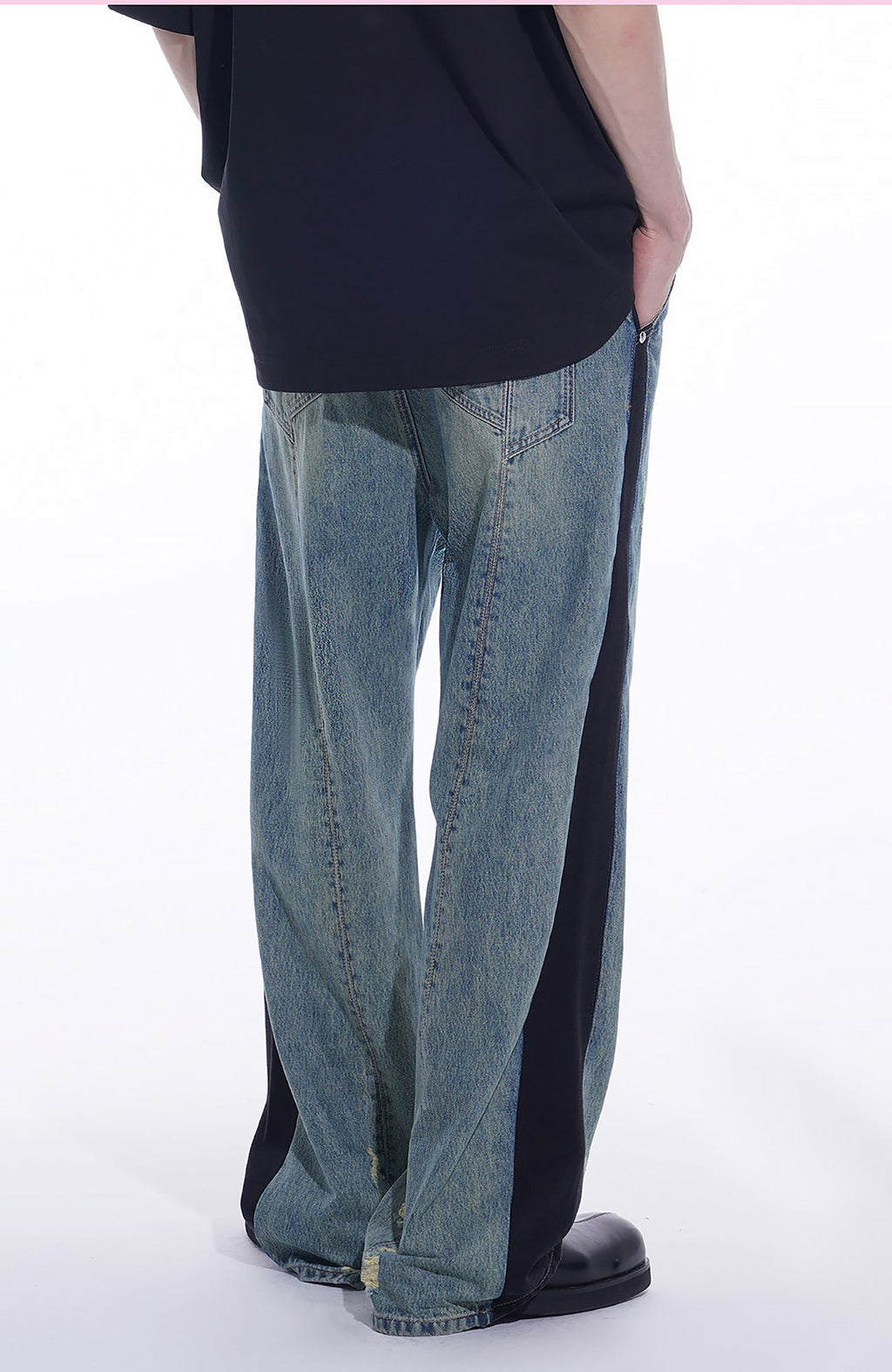 TIWILLTANG Distressed Contrast Paneled Wide-Leg Jeans