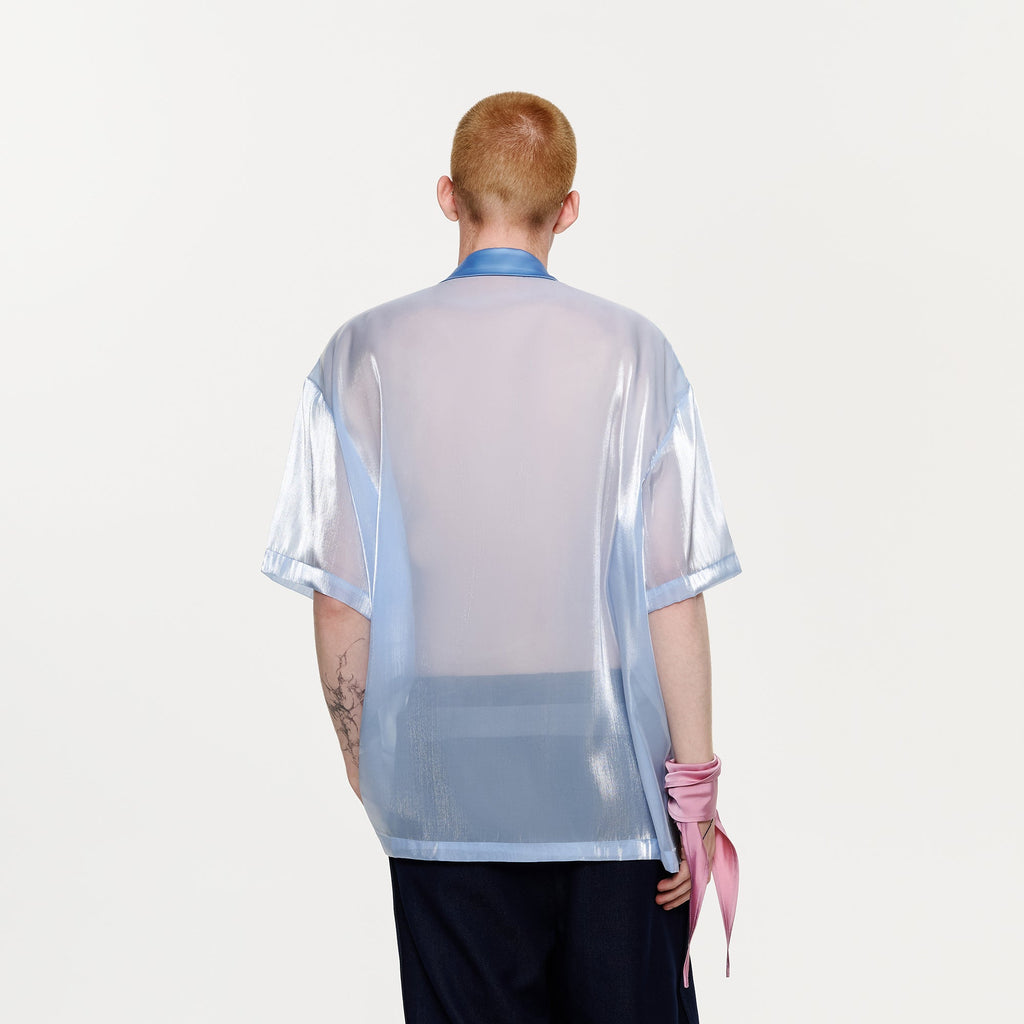 TIWILLTANG Contrast Tie-Neck Sheer Half Shirt