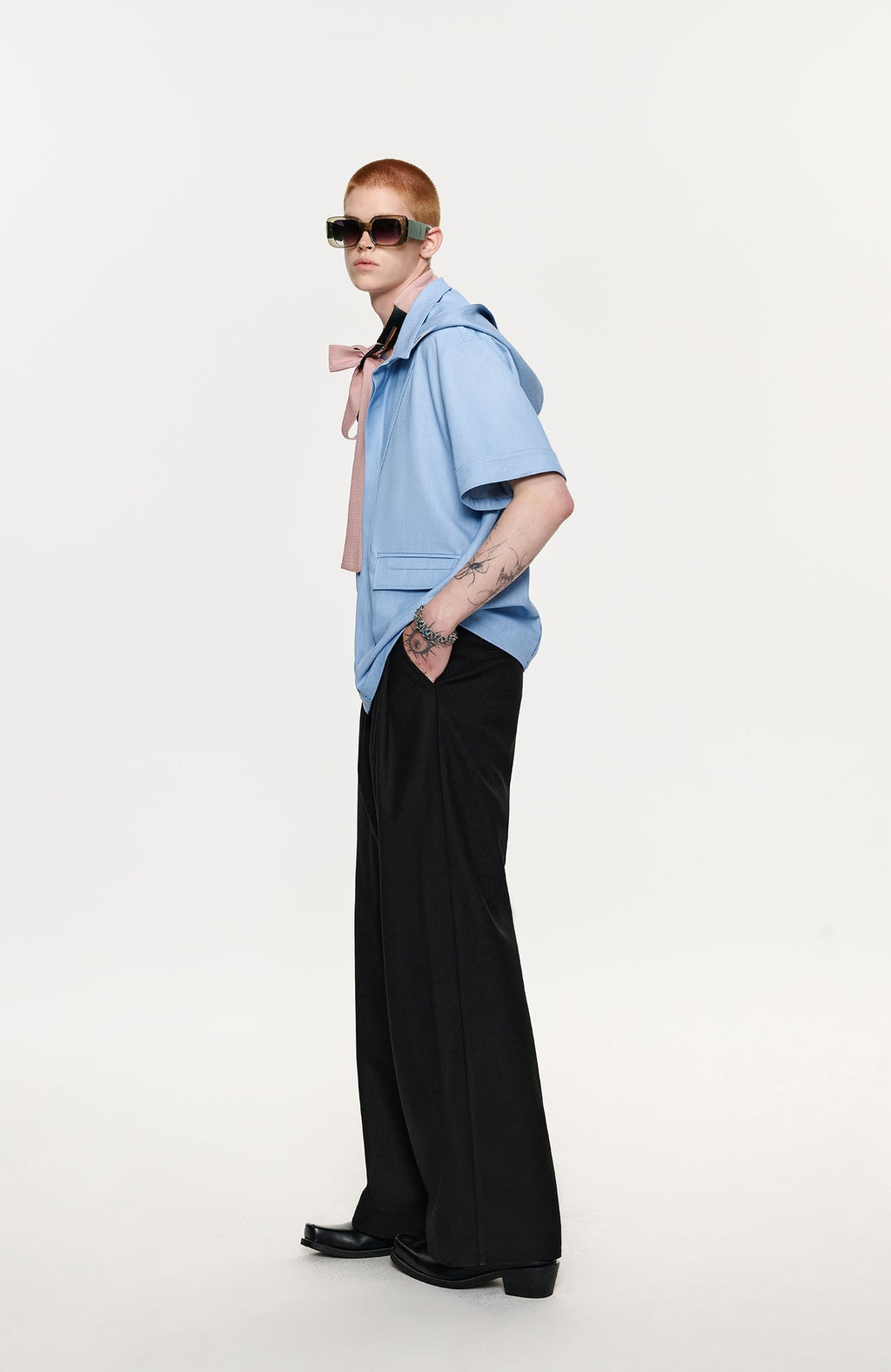 TIWILLTANG Hidden Placket Detachable Hood Half Shirt