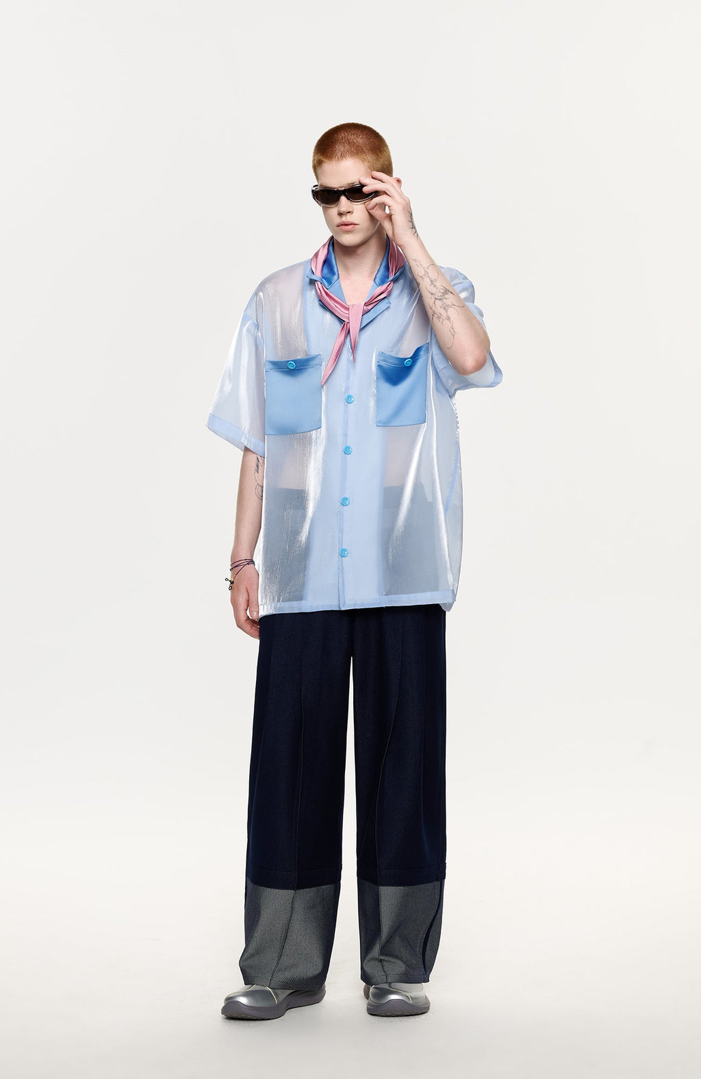 TIWILLTANG Contrast Tie-Neck Sheer Half Shirt