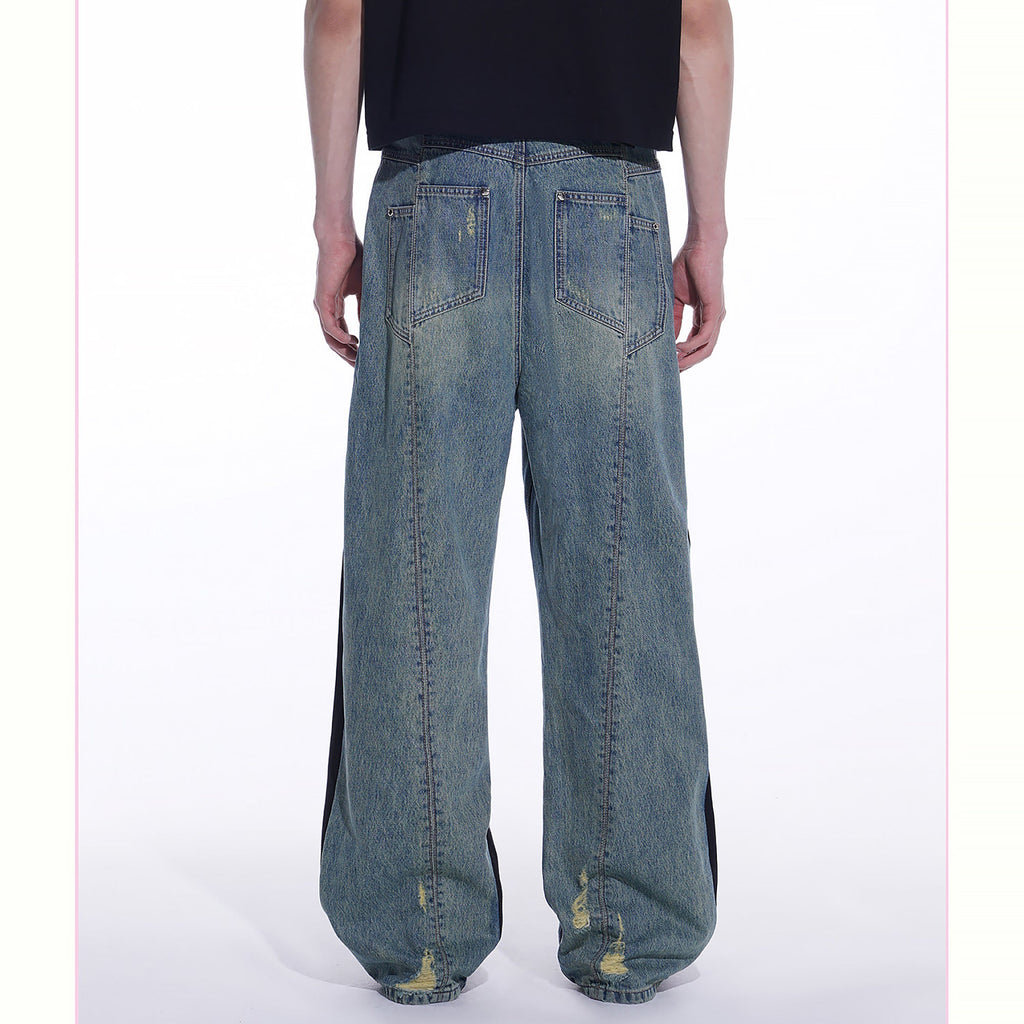 TIWILLTANG Distressed Contrast Paneled Wide-Leg Jeans
