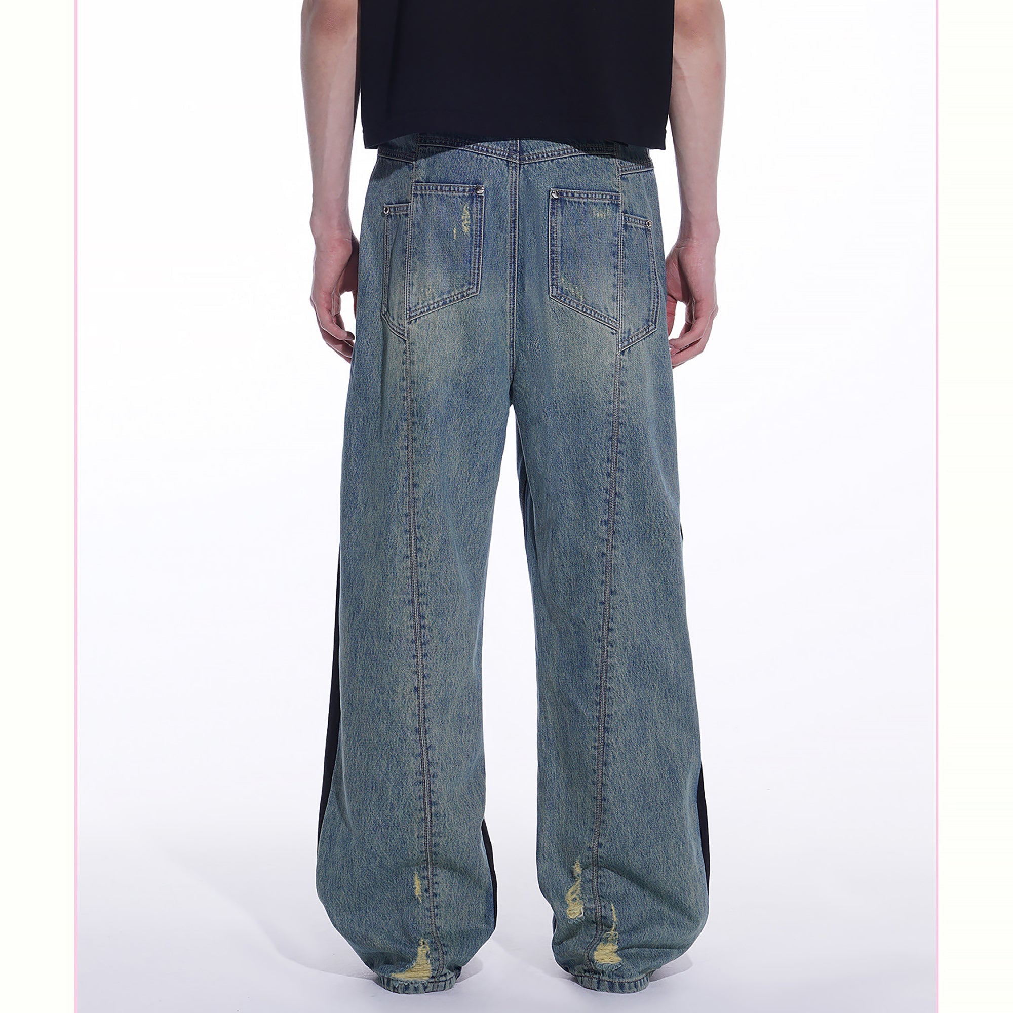 TIWILLTANG Distressed Contrast Paneled Wide-Leg Jeans