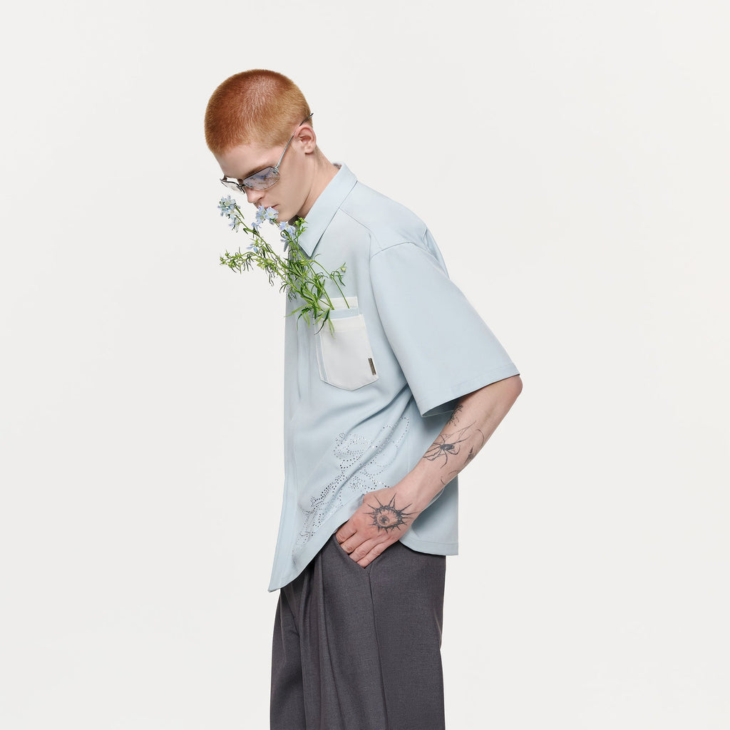 TIWILLTANG Floral Diamond Layered Pocket Half Shirt