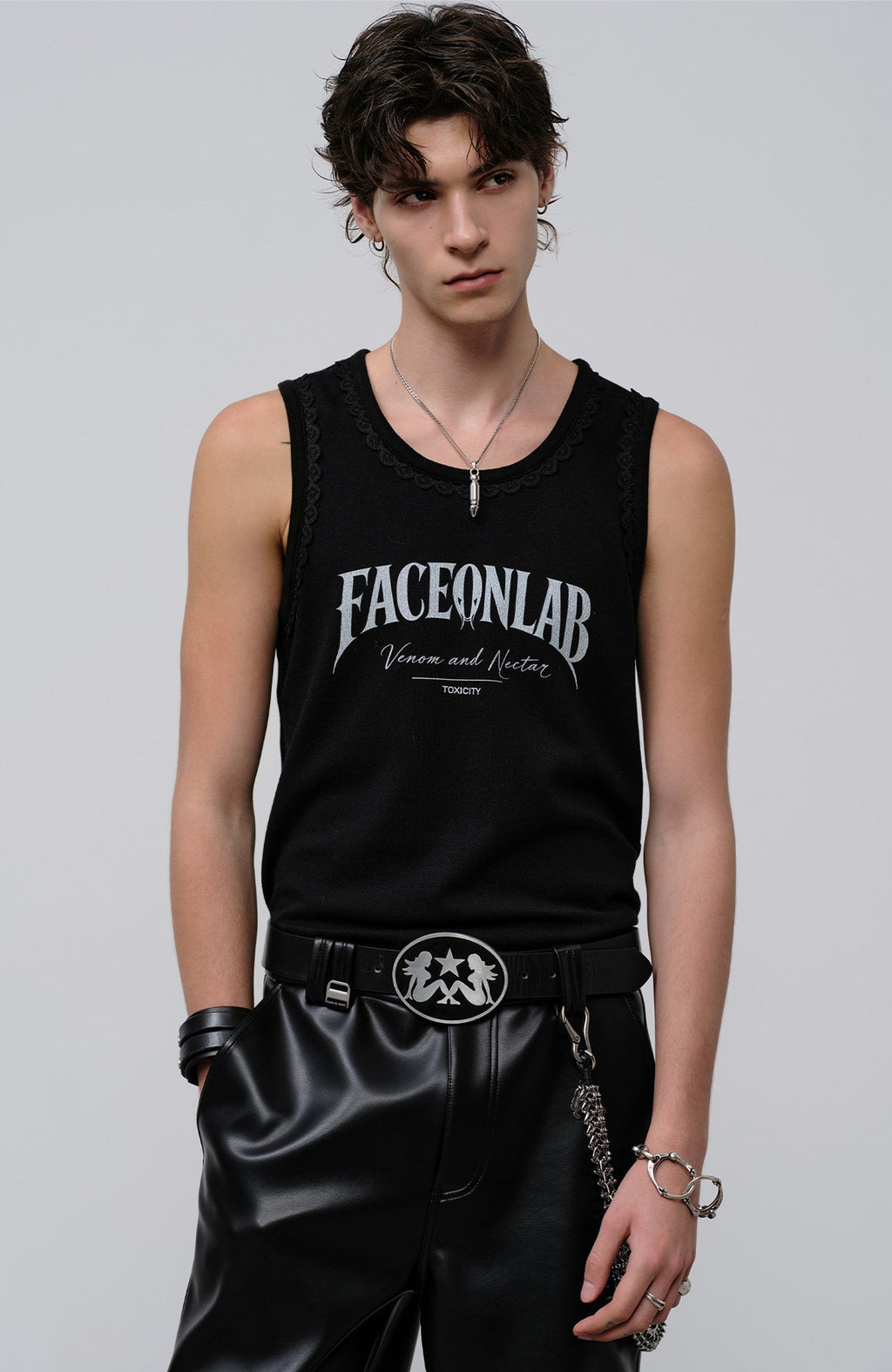 FACEONLAB Lace Trim Gothic Letters Sleeveless Tank