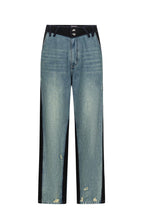 TIWILLTANG Distressed Contrast Paneled Wide-Leg Jeans