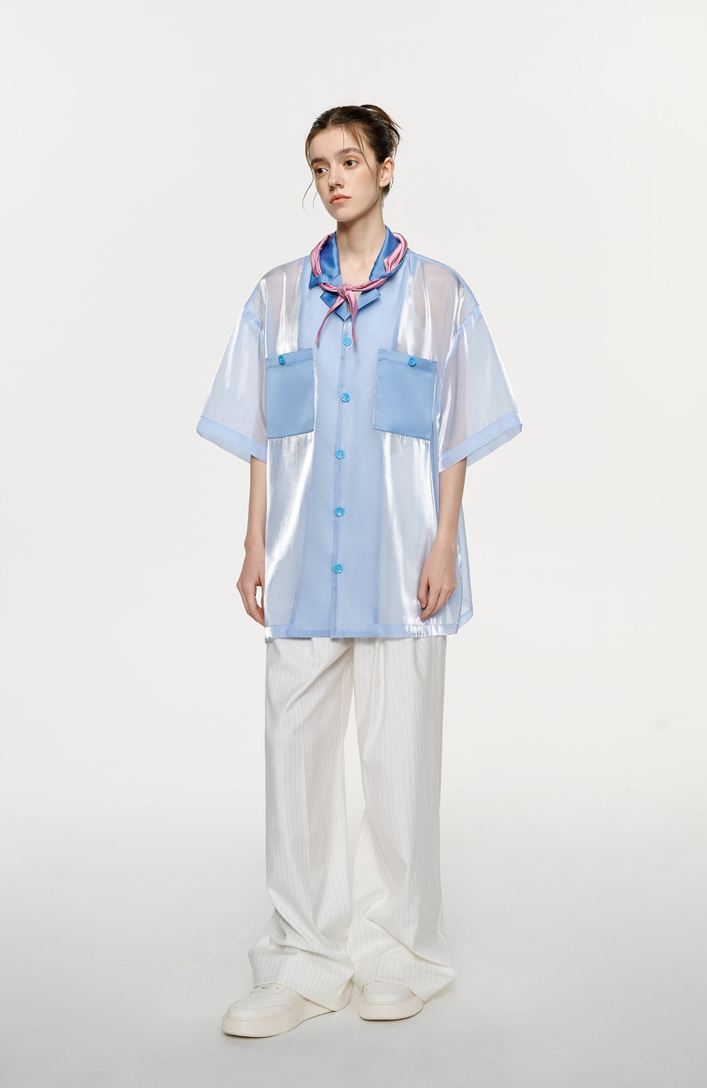 TIWILLTANG Contrast Tie-Neck Sheer Half Shirt