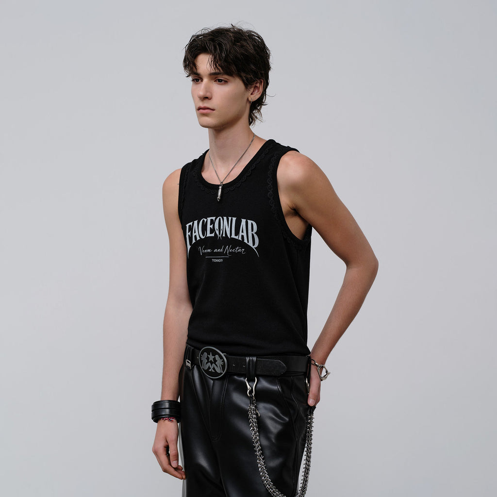 FACEONLAB Lace Trim Gothic Letters Sleeveless Tank
