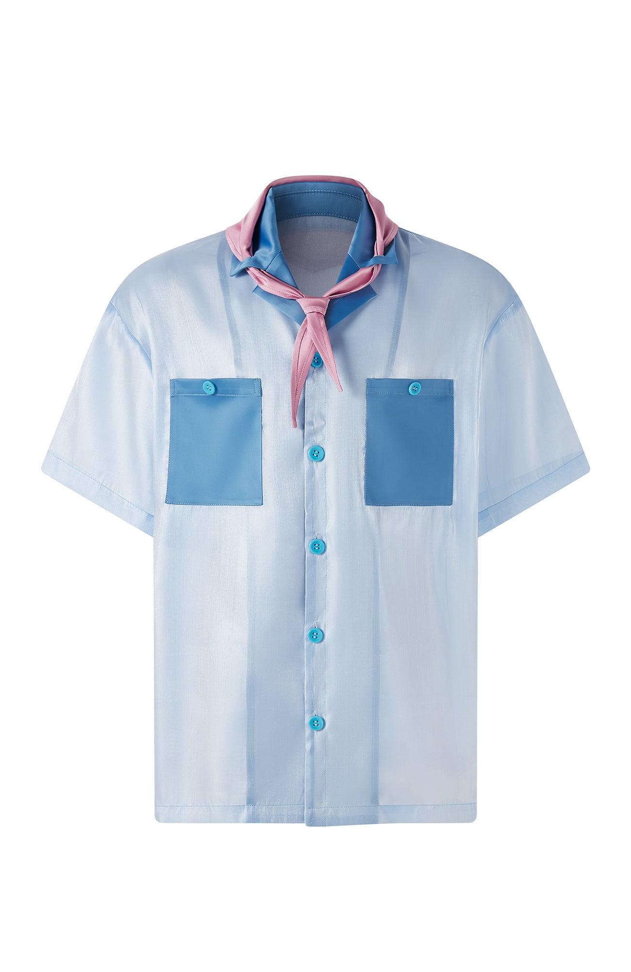 TIWILLTANG Contrast Tie-Neck Sheer Half Shirt