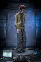 XIPHEVIL Ribbed Paneled Turtleneck Long-Sleeve Tee Green