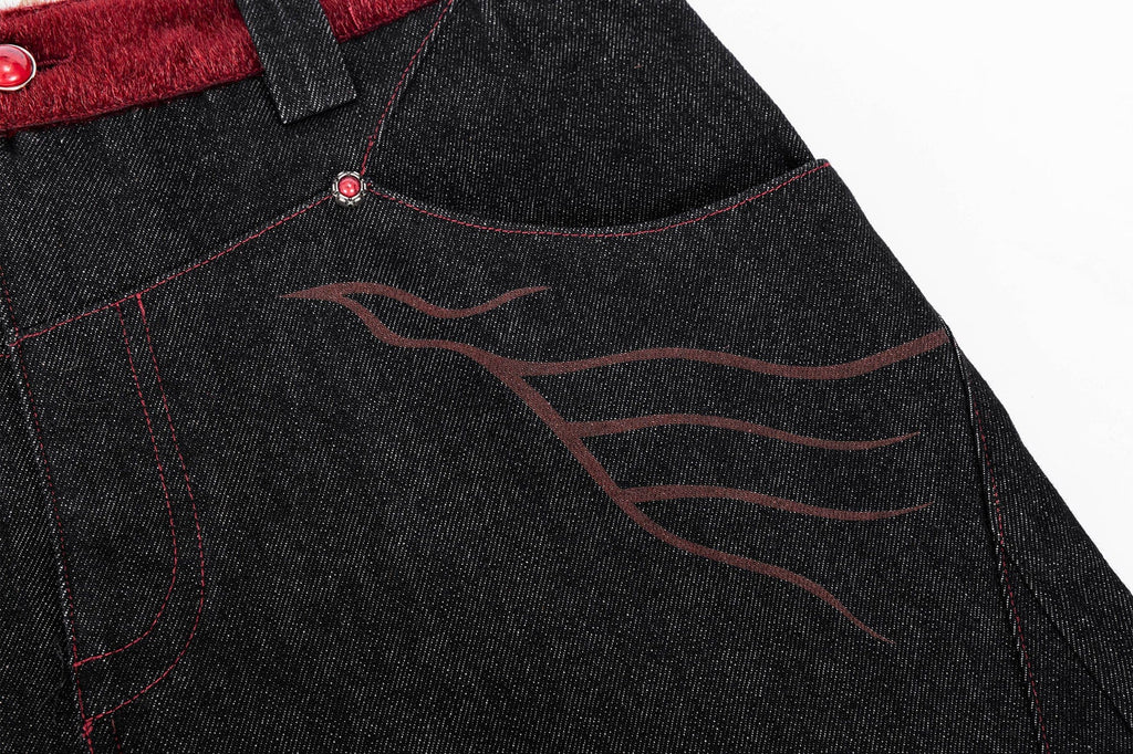 ESAIAS Vermilion Stitch Red Turquoise Curved Denim Pants
