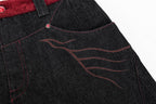 ESAIAS Vermilion Stitch Red Turquoise Curved Denim Pants