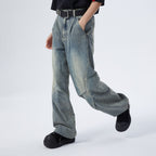 ERROR CODE ROBOT Washed Curved Pleated- Knee Jeans