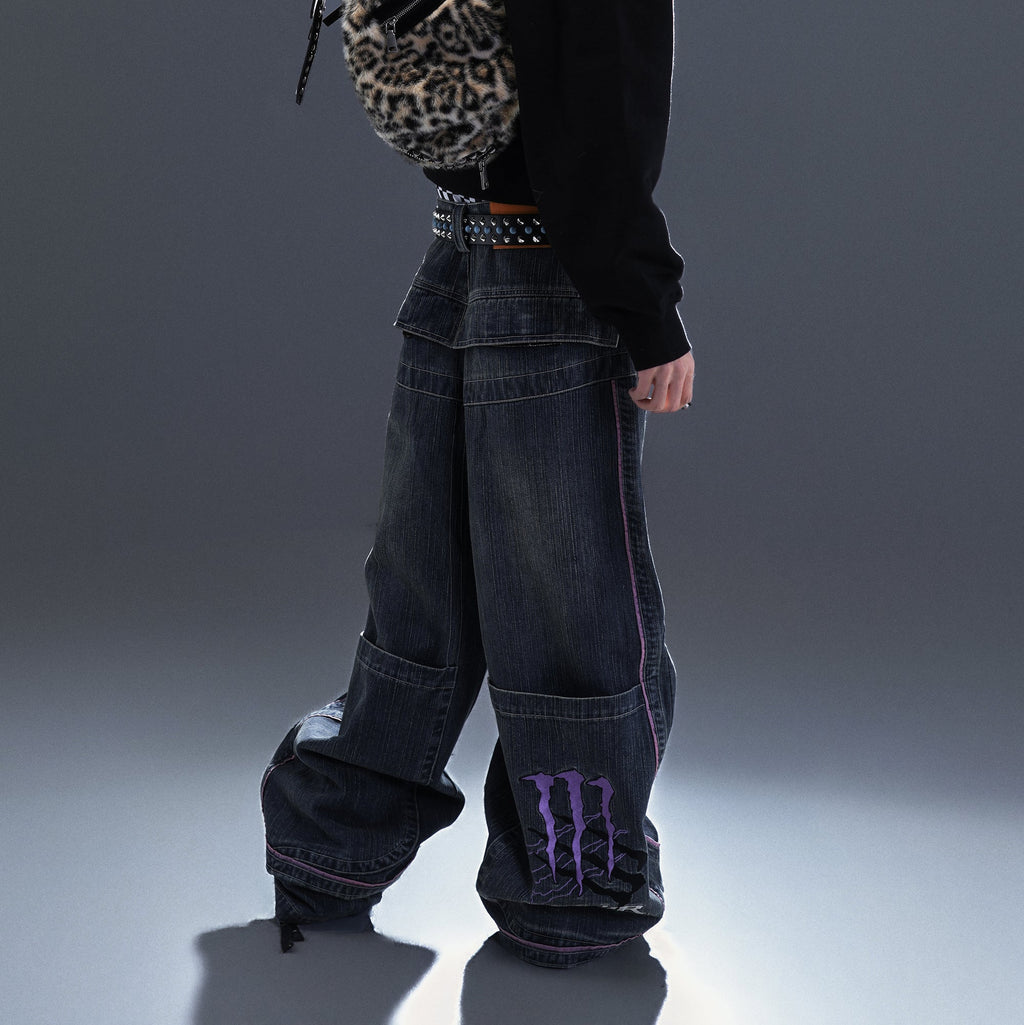 PCCVISION Contrast Stitch Embroidered Washed Jeans
