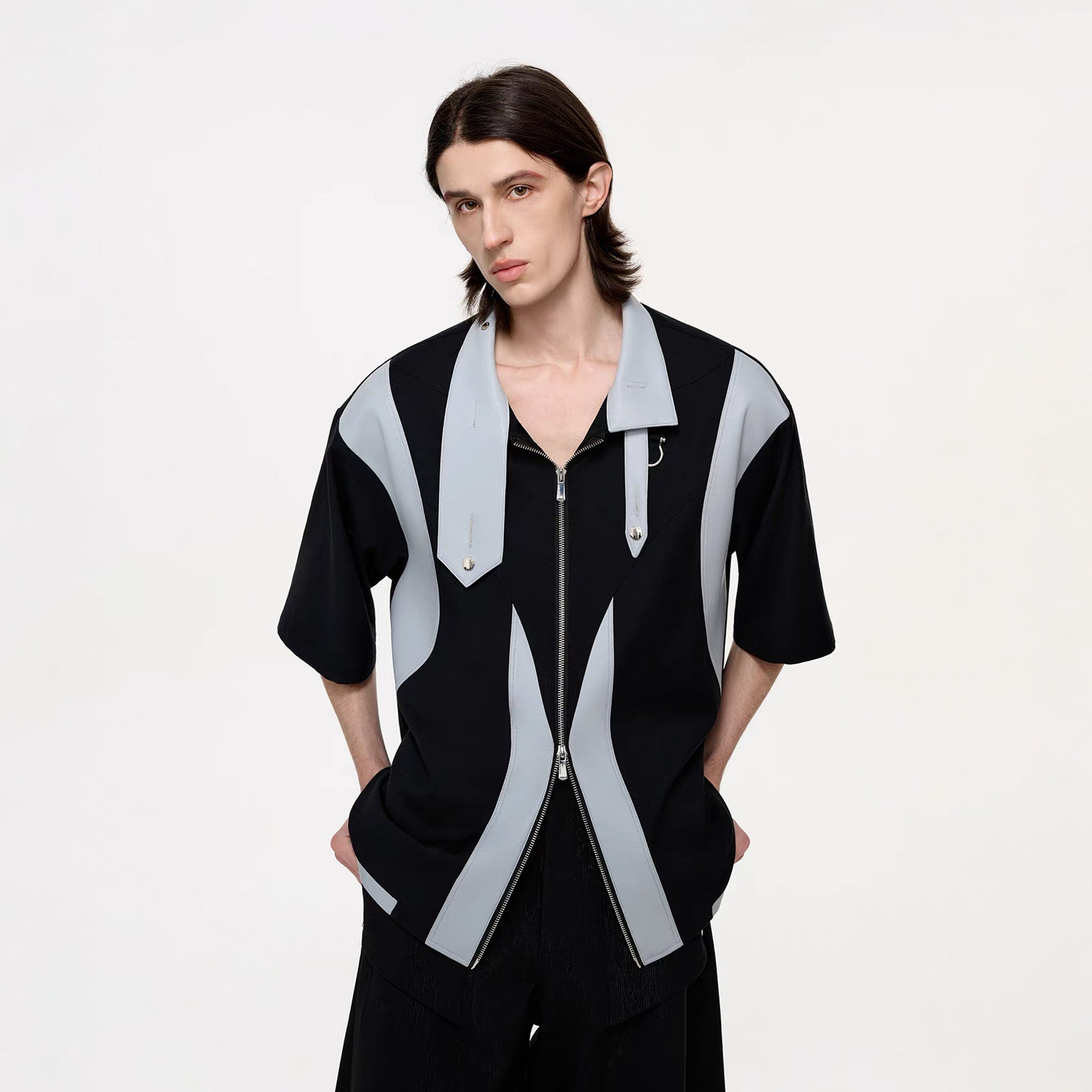 TIWILLTANG Layered-Collar Contrast-Panel Zip-Up Half Shirt